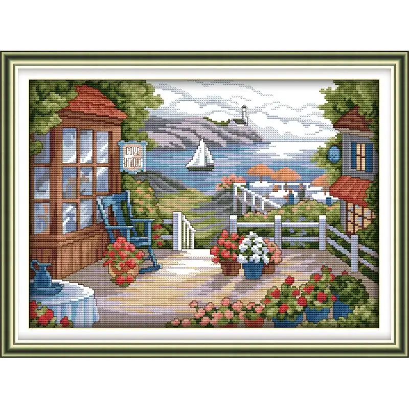 Terrace with flowers in full bloom Cross stitch kits Aida 14CT 11CT counted embroidery Needlework set Home decoration painting