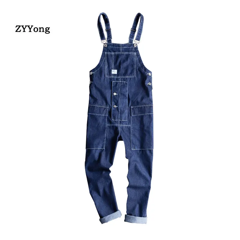 2021 Blue Loose Overalls Men Denim Jumpsuit Bib Japanese Fashion Jeans Hip Hop Big Pocket Cargo Pants Casual Trousers Clothing