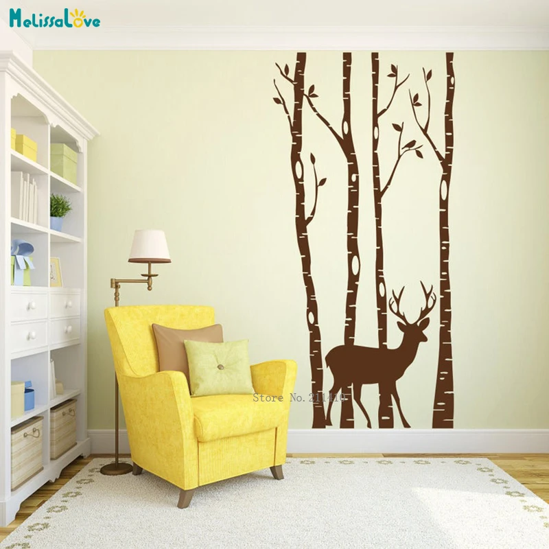 

Birch Tree Wall Decals with Deer Forest Nursery Woodland Nature Decor Self-adhesive New Design Home Murals DIY YT4835