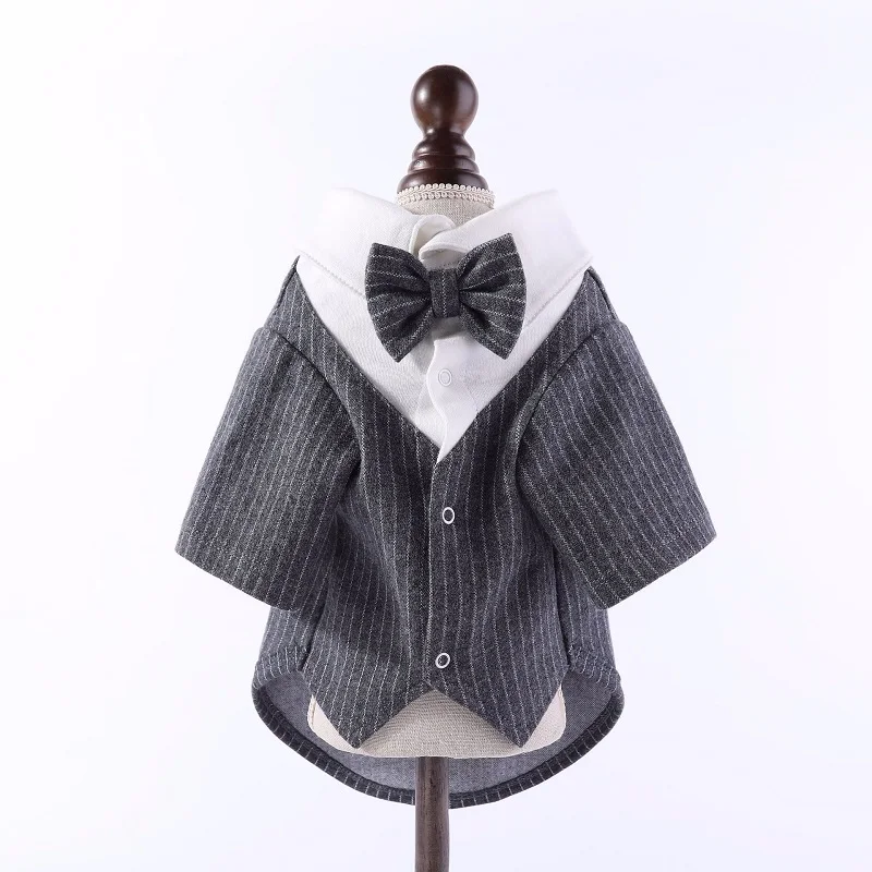 Dog Clothes Pet Suit Wedding Apparel Tuxedo False Tow Piece Fashion Design Classic Stripe Bow Tie Set Marriage Party Holiday