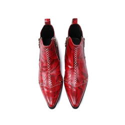 Autumn Red high-Top Trendy Party Dress Shoes Men Ankle Boots British Men's Pointed Toe Genuine Leather Short Boots Western Boots