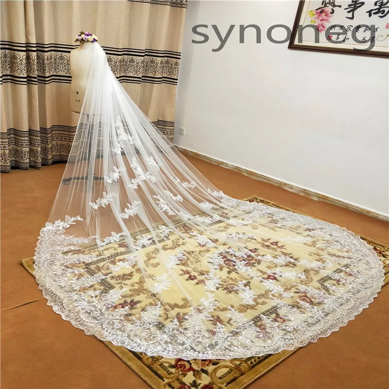 Real Photo Romantic 3 M Wedding Veil Cathedral One Layer Lace Appliqued Long Bridal Veils With Comb Woman Marry Gifts