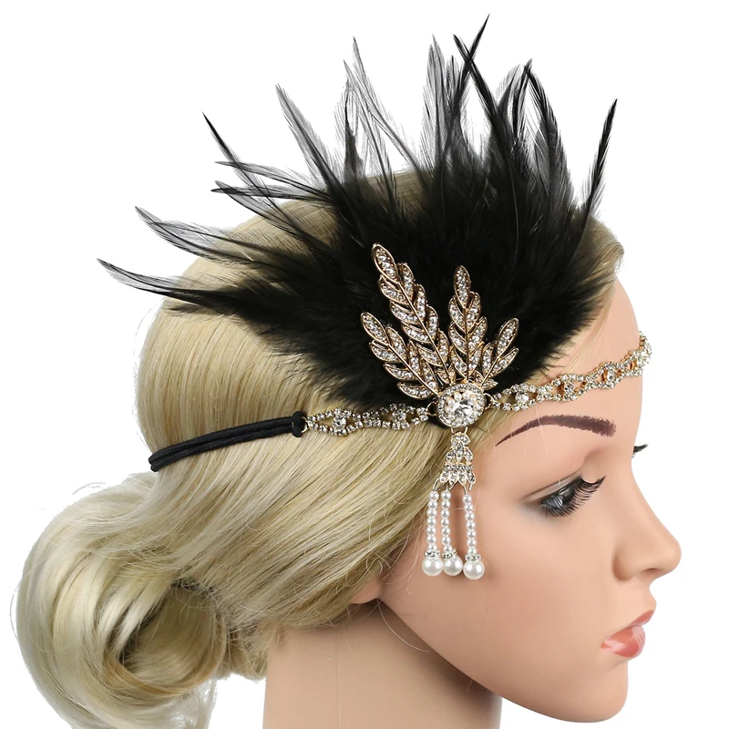 1920s Flapper Headband Feather Headpiece Roaring 20s Great Gatsby Inspired Leaf Medallion Pearl Headband Women Hair Accessories