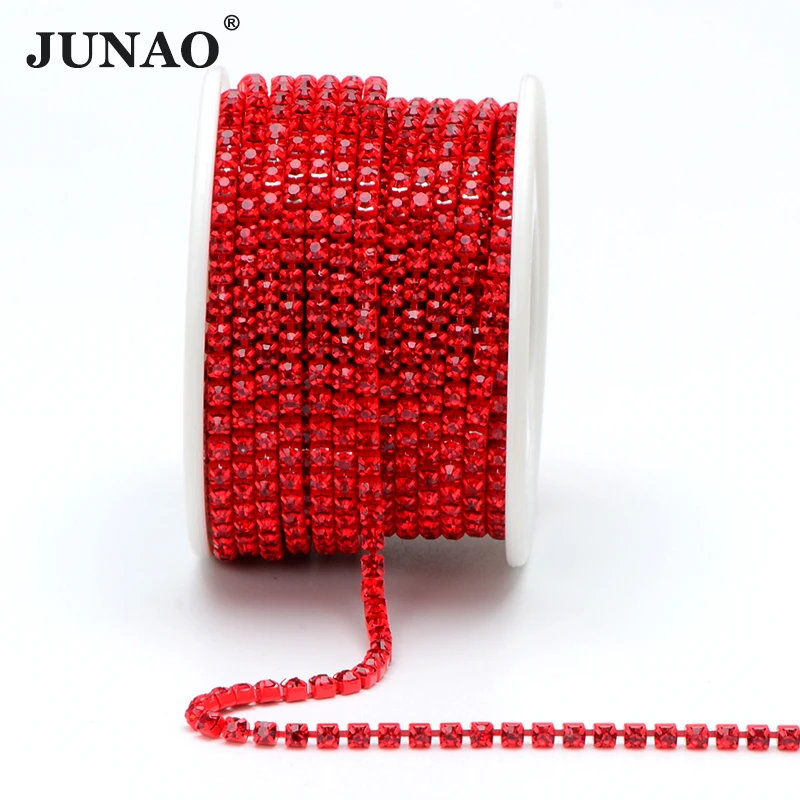 JUNAO SS6 SS8 SS12 Sewing Red Glass Rhinestone Chain Trim Strass Cup Chain Crystal Ribbon Banding For Clothes DIY Crafts