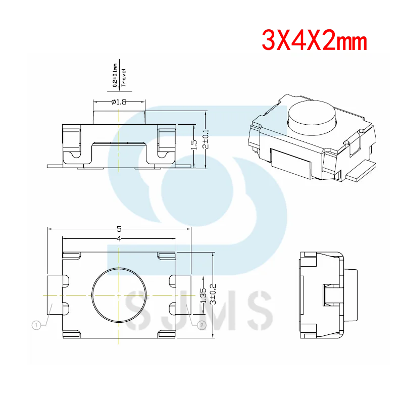 50pcs 3*4*2 SMD 2 Pin Switch Turtle Tact Switch 3x4x2 mm 2 Feet Stand Upright With Out Pillars mini - Micro Touch Switch Button