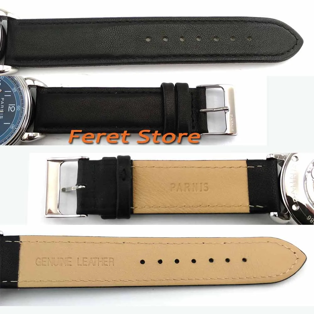 42mm PARNIS blue dial Black leather strap steel case Sapphire glass Classic Power Reserve Indicator automatic mens watch