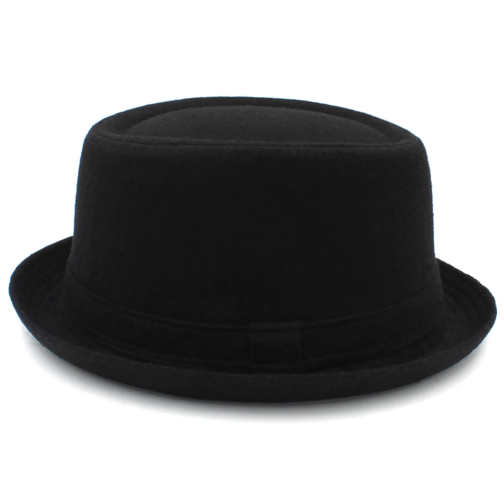 Men Women Black Wool Blend Pork Pie Hats Fedora Caps Trilby Sunhat Jazz Party Outdoor Travel Street Style Size US 7 3/8 UK L