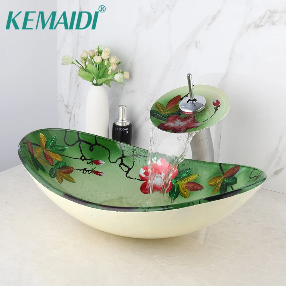 KEMAIDI Artist Green Tempered Glass Waterfall Spout Basin Tap Bathroom Sink Washbasin Bath Brass Set Faucet Mixer Chrome Taps