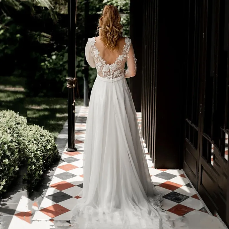 Charmante O-Hals Trouwjurk Kant Appliques Sweep Trein Lange Mouw Knoop Hoge Split Backless Boho Bruid Robe De Mariée