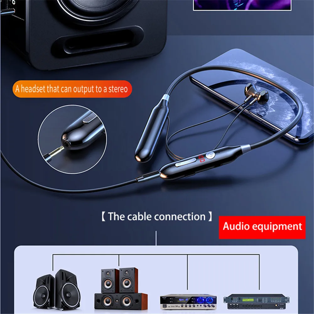 60 Hours Endurance Bluetooth 5.0 Headphones Stereo Bass Wireless Earphones Neckband Power LED Display Headset TF Card