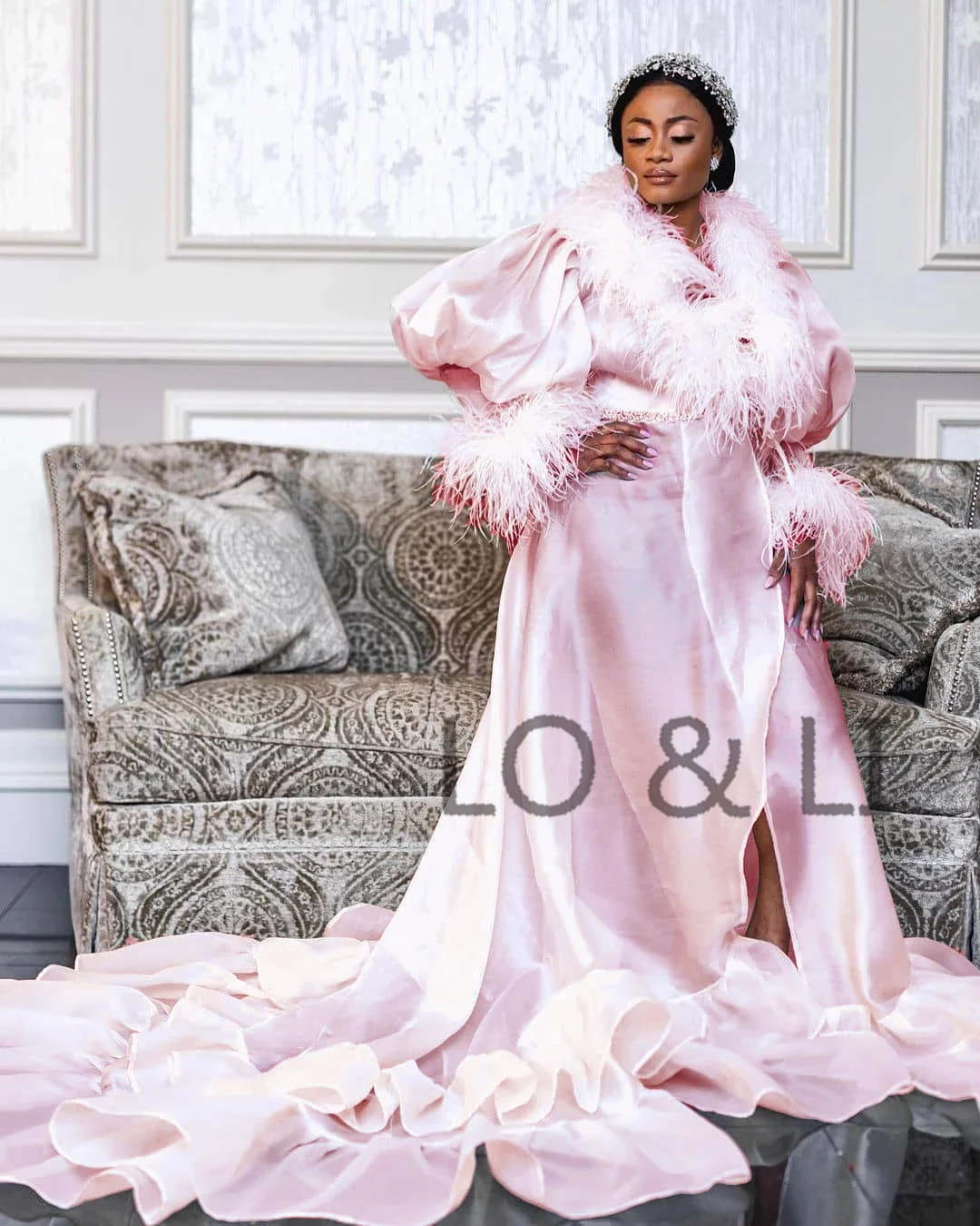 LO&LI 2021 Elegant Chiffon Fur With Bridal Long Robe Women Wedding Set Bathrobe Birthday Nightgown Pregnant Photography Custom