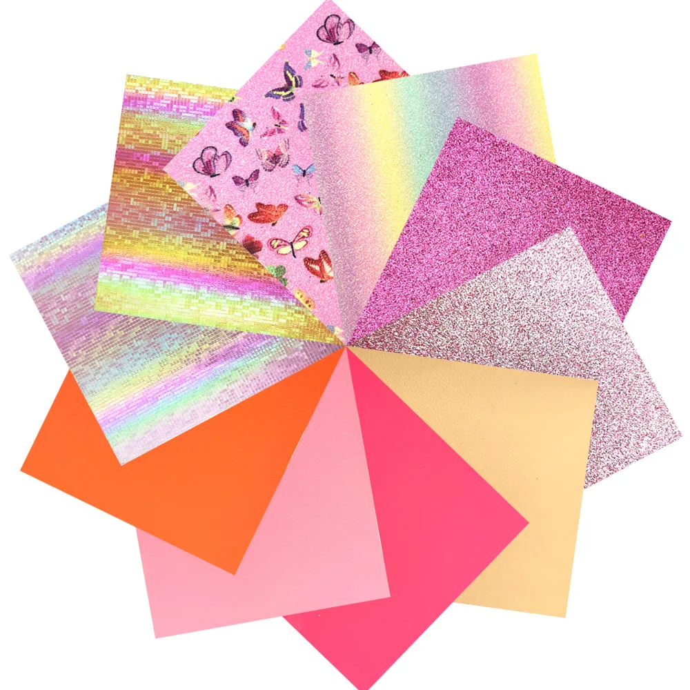 10pcs/Set PU Printed Leathere Fabric PINK Rainbow Butterfly Glitter Candy DIY Bag Bows Earring Widget Case Decor Making A5