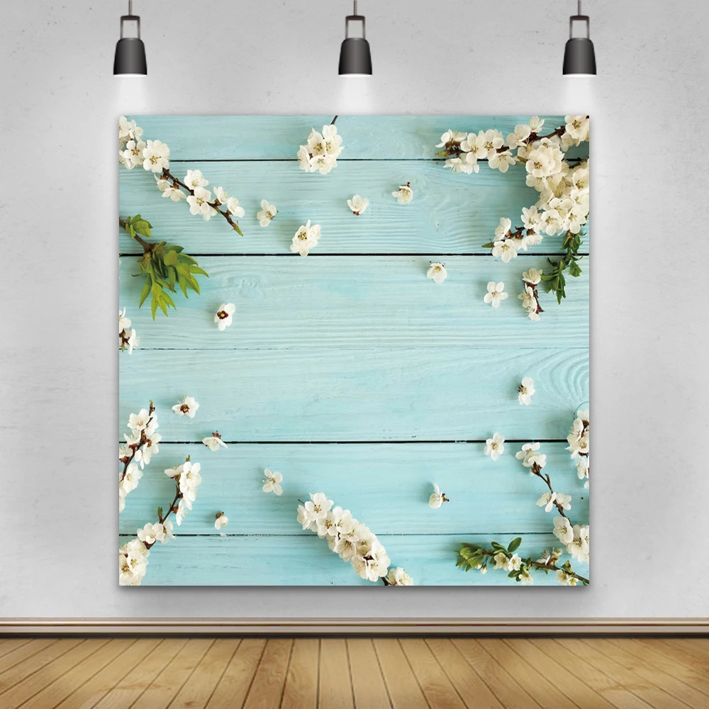 

Laeacco Blue Wood Board Flowers Backdrop For Photography Blossom Baby Portrait Photocall Photography Background For Photo Studio