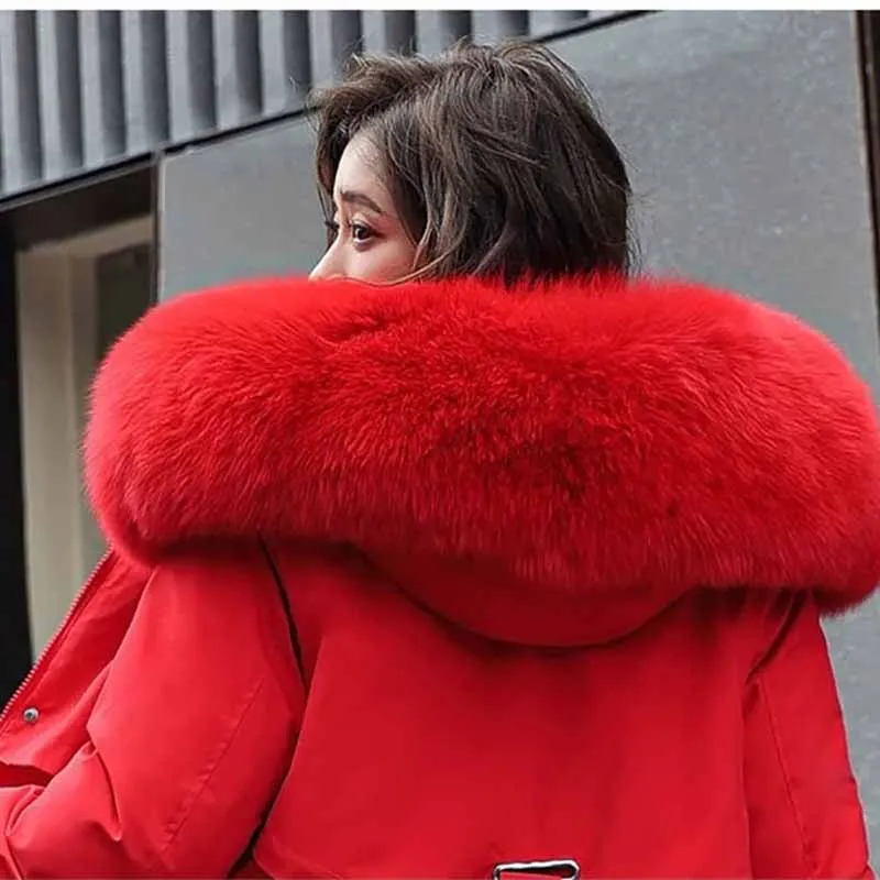 2022 New Winter Parka Women Padded Jacket Velvet Liner Thick Warm Coat Loose Big Fur Collar Hooded Outwear 6XL Casaco Feminino