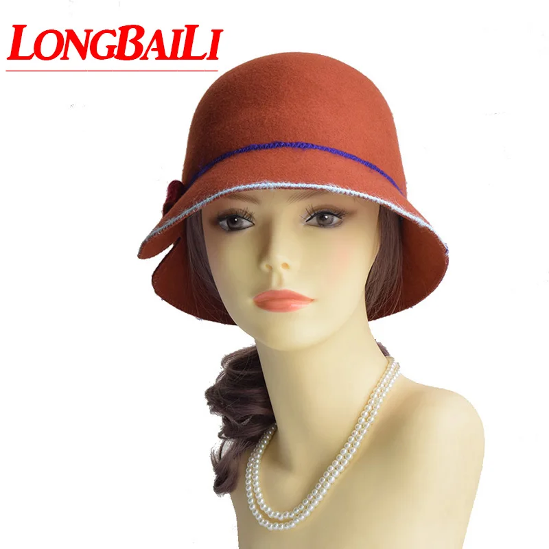 LongBaiLi Women Fashion Orange Wool Felt Fedora Hats Chapeu Feminino Female Free shipping PWSX027