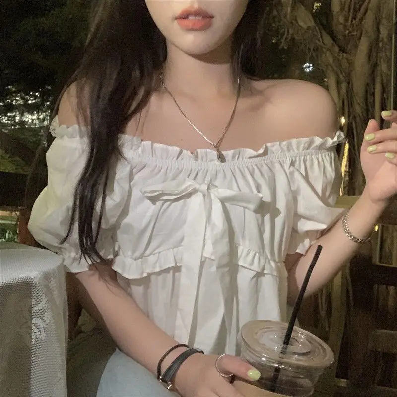 Women Blouse Short Sleeve Bow Elegant White Summer Tops Sweet All-match Simply Chic Female Clothing Solid Square Collar Leisure