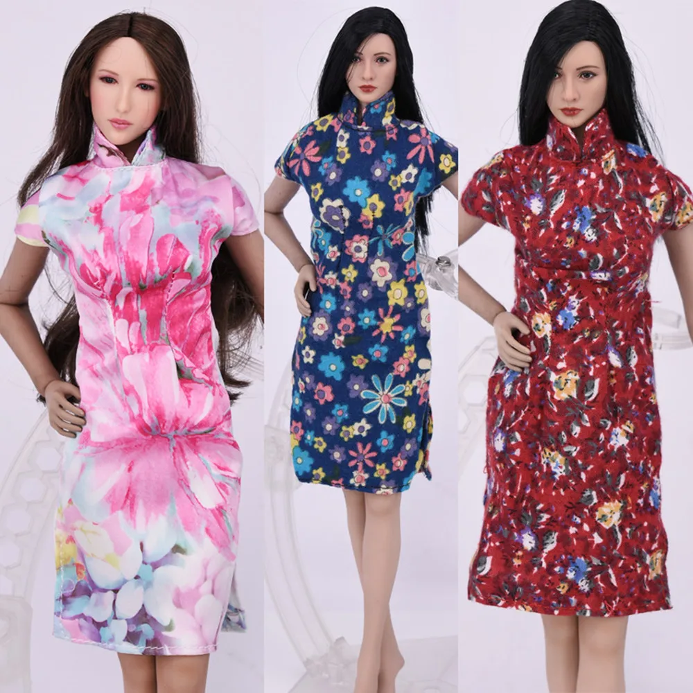 1/6 Scale Female Solider Dress Sexy Elegant Chinese Style Slim Print Cheongsam For 12Inch Action Figure Model Toy