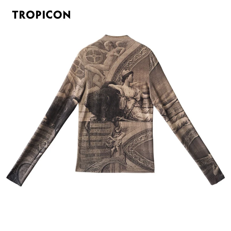 TROPICON Renaissance Print Long Sleeve Vintage Top High Neck Blouse Women Designer Fall Fashion Ladies Tops Autumn Clothes