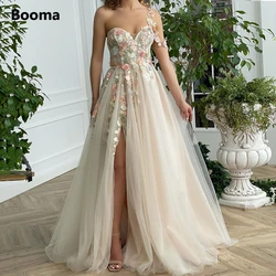 Booma-Champagne Querida Tulle Prom Vestidos, sem mangas, flores artesanais, alta fenda A-Line, Prom Vestidos, Vestidos de casamento