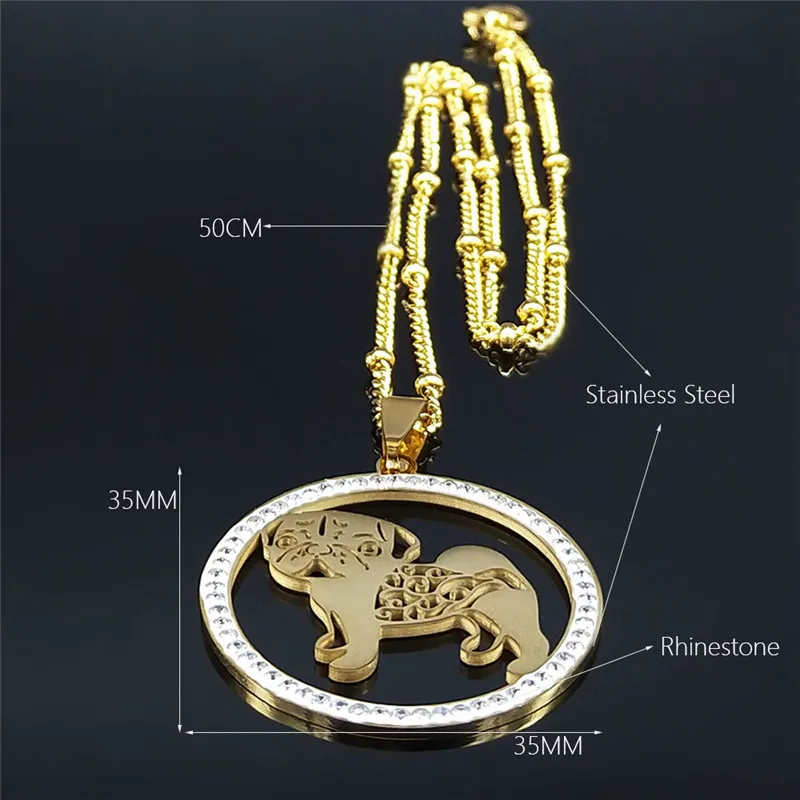 Pug Dog Stainless Steel Crystal Necklace Pendant Women Gold Color Chain Necklace Jewelry bijoux femme N133S01