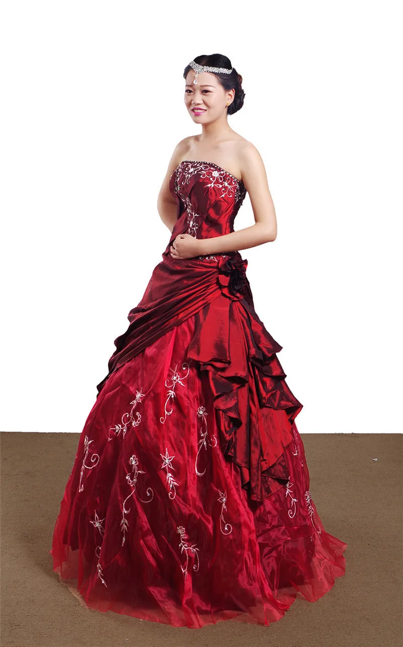 Wine Red Bridal Wedding Dress Handmade Silver Embroidery Taffeta Formal Occasion Prom Evening Dress Adult Dress