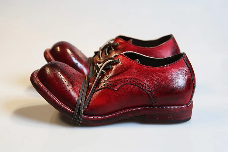 mens Vintage Brock Brogue carved leather head low cut shoes tooling casual shoes men and women wine red