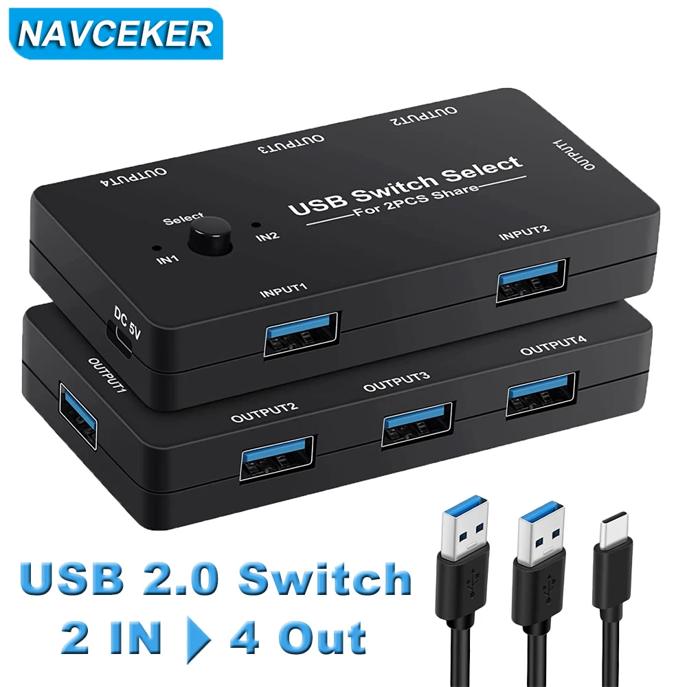 Navceker USB KVM Switch USB 2.0 Switcher KVM Switch for Windows10 PC Keyboard Mouse Printer 2 PCs Sharing 4 Devices USB Switch