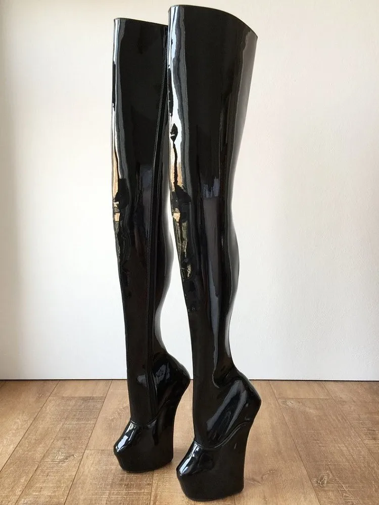 

Black Patent Leather Sexy Over-the-knee Boots Hoof Heels High Tube Long Boots Pole Dance Thigh High Boot Women Shoes Botas Mujer