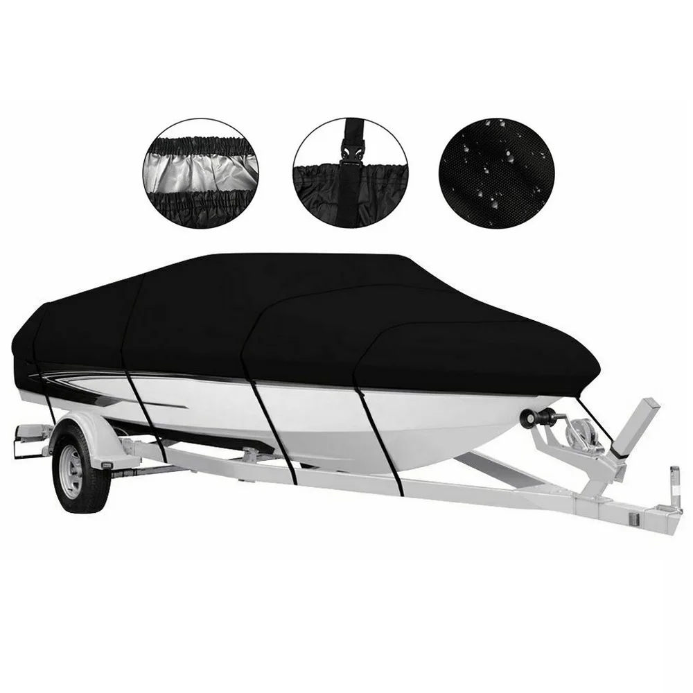 17-22ft 600D Trailerable Boat Cover Waterproof UV Protector Fishing Speedboat V-shape Black Sunproof Boat Cover Marine Accessory