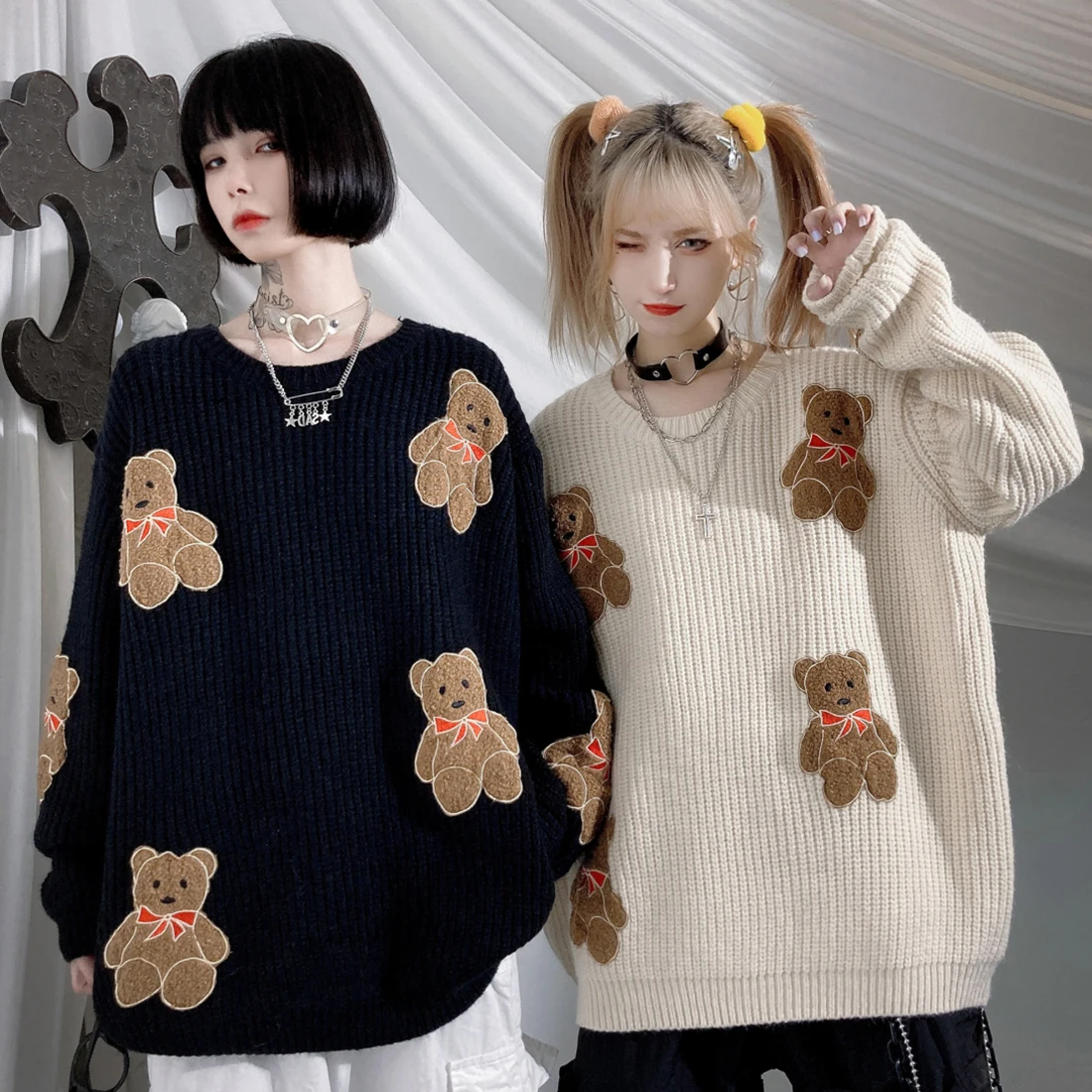 ATSUNSET Cute Bear Knitting Wool Autumn And Winter Harajuku Japan And South Korea Cute Pullover Daily Streetwear Top