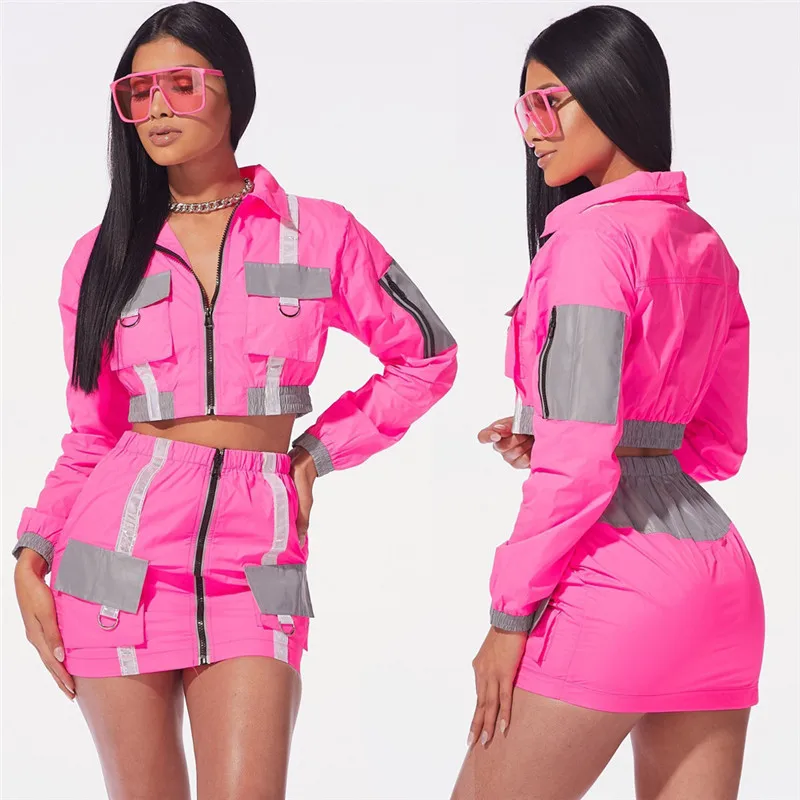 Sexy Neon Reflective Women\'s Two Piece Set Streetwear Bandage Zipper Jacket Crop Top + Mini Skirt Pink Club Matching Outfit Suit