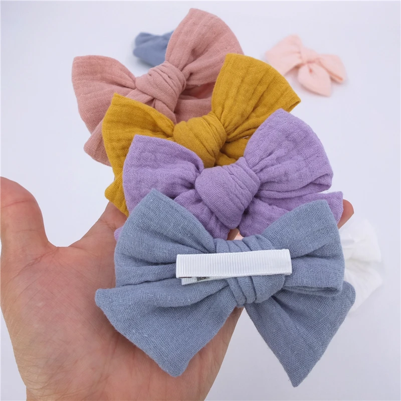 Original Cotton Gauze Hair Bow Fully Lined Clips Toddler Baby Girls Kids Muslin Fabric bows Nylon Headbands Stretchy Hairbands