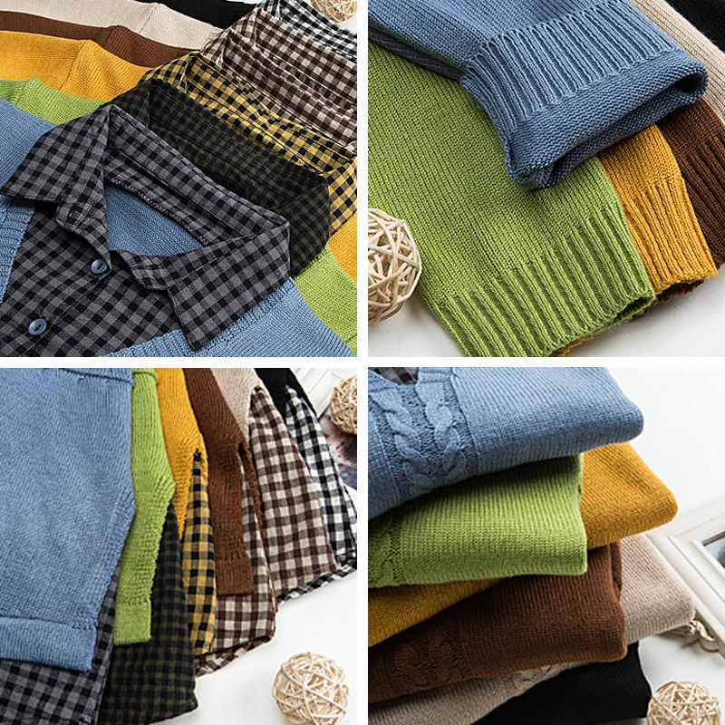 Tops de punto de retazos de solapa para mujer, suéter suelto informal, Jersey de punto coreano falso de manga larga, 2 piezas, primavera y otoño,