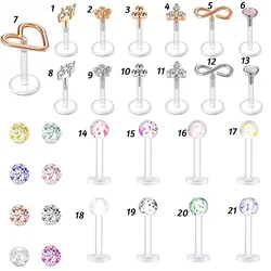 1Pc Bioplast Flexible 16G 6-10mm Push-in Labret Lip Stud with Press Fit Steel Zircon Ear Cartilage Tragus Piercing Body Jewelry