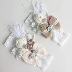 Diademas de plumas para niña, diadema de encaje de diamantes de imitación, lazo de arpillera Vintage, banda para el pelo, diadema para recién nacidos, accesorios para bebé