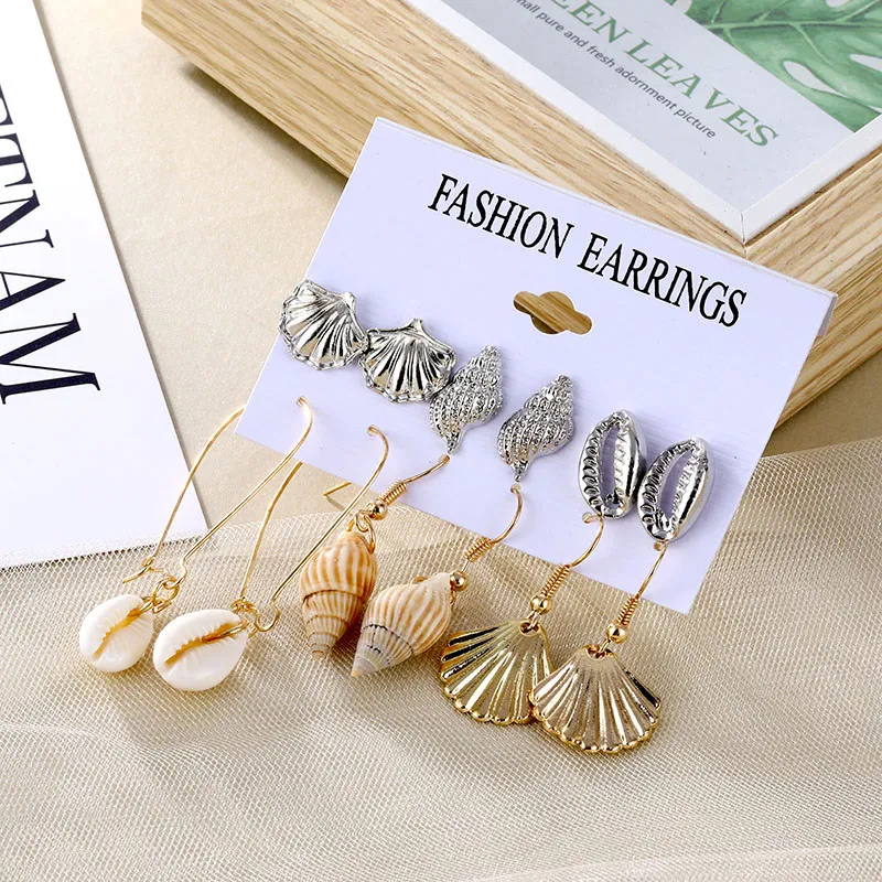 Fashion Artifical Shell Conch Earrings Set For Women Vintage Metal Starfish Shell Tassel Stud Earrings New Boho Ocean Jewelry