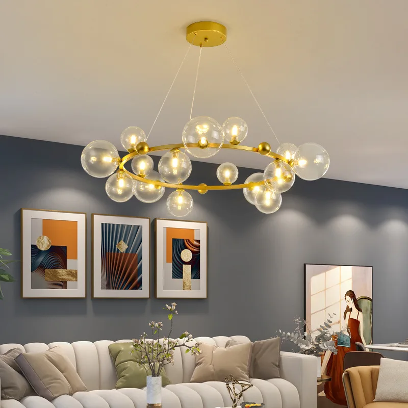 

Creative Chandelier Circle Lights Clear Glass Ball Ceiling Hanging Lamp Romantic Star Living Room Décor Led Lighting Gold