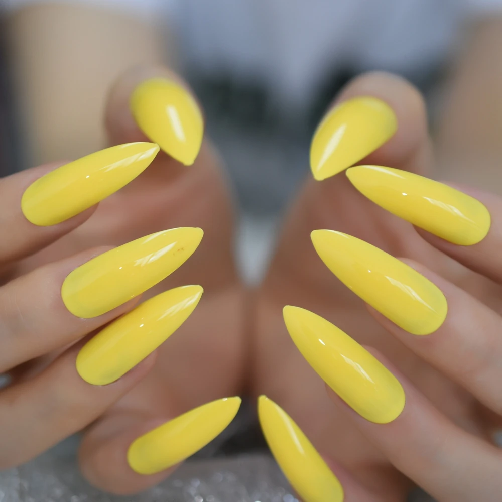 Faux doigts structurels ents extra longs, jaune fluo, à pression, stiletto, brillant, gel, rubans adhésifs gratuits, N64