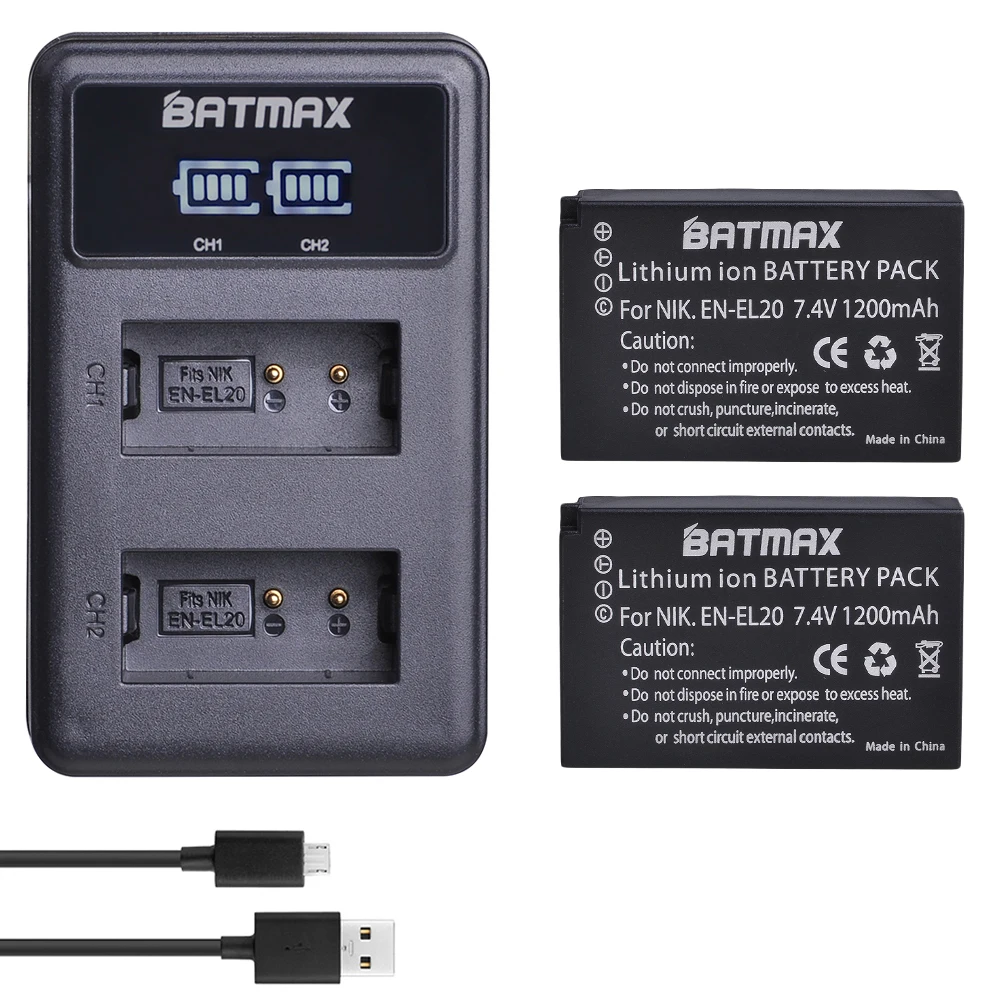 

Аккумулятор Batmax на 1200 мА · ч, внешний аккумулятор EL20 EN EL20a + двойное зарядное устройство USB для Nikon Coolpix P1000 Nikon1 J1, J2, J3 Nikon1 AW1