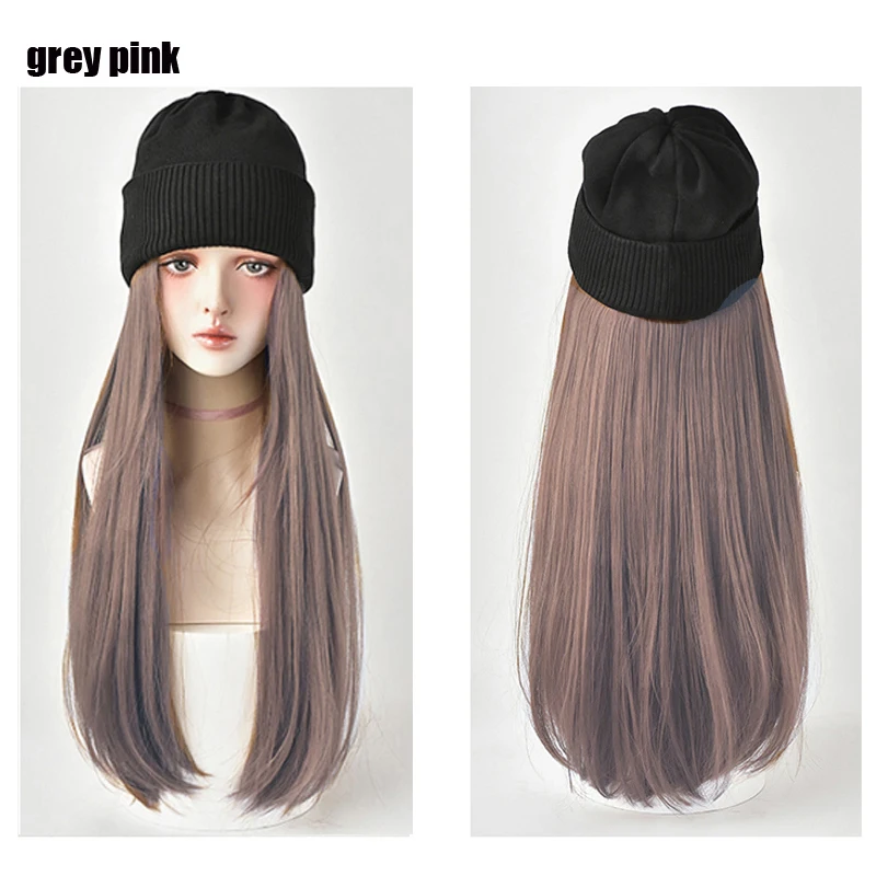 Mutsen Hoed Met Haar Pruiken Voor Vrouwen 24 inch Lang Steil Haar Synthetische Pruik Warm Zacht Ski Gebreide Herfst Winter Cap