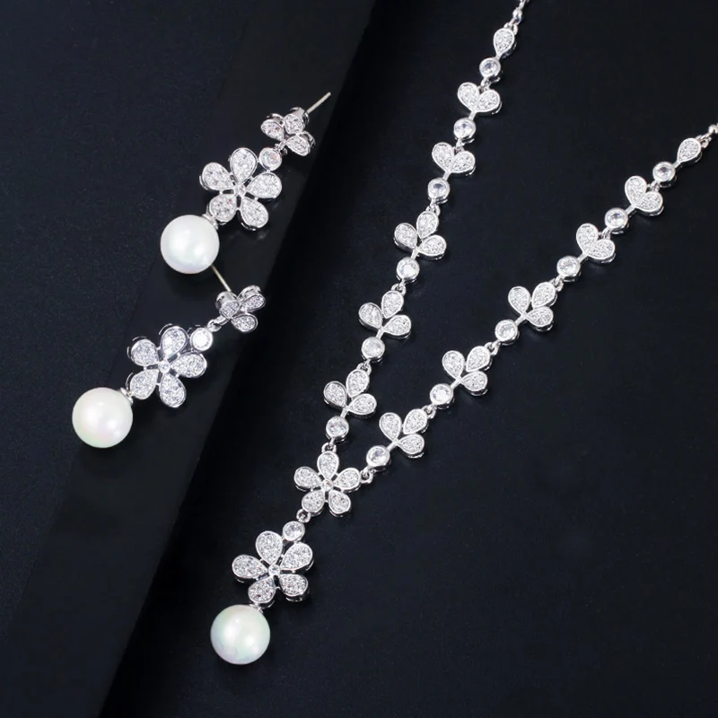 

Pera Wedding Bridal Flower Simulated Pearl Drop Jewelry Sets White Leaf Cubic Zirconia Earrings and Necklace for Women J292