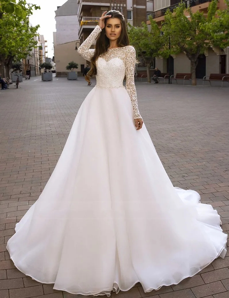 Robe de mariée princesse en dentelle organza, tenue à manches longues, dos nu, pour les patients, offre spéciale, 2024