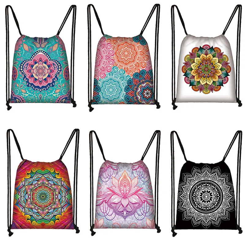 Mandala Floral Printing Drawstring Bag Women Like Mandala Backpack Travel Shopping Portable Foldable Storage Bag