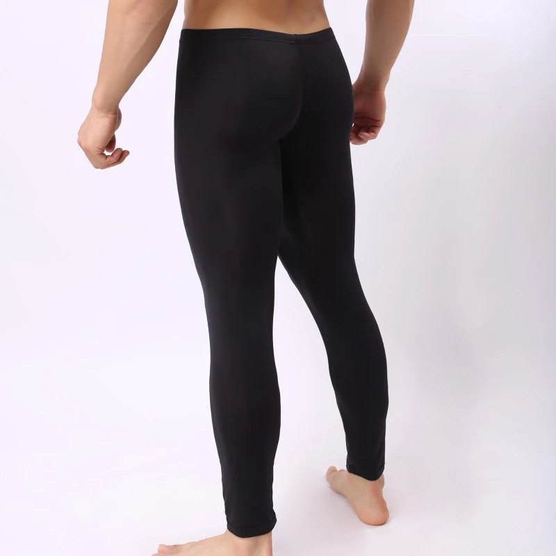 Sexy Mens Sleep Bottoms Ice Silk Ultra-thin Transparent Leggings Pants Penis Pouch Long Johns Lounge Pants Sleepwear Plus Size