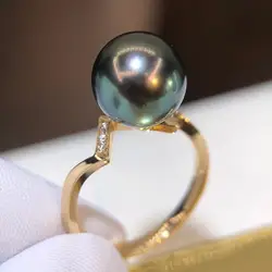 D1010 Perla Anello Gioielleria Raffinata Solido 18K ORO Rotondo 10-11mm naturale di Acqua di Mare Perle di Tahiti Anelli Per le donne Belle Regali