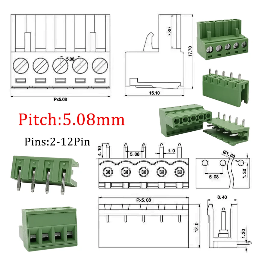 10/5 Pairs Pitch 5.08mm Terminal Block Connector 2EDG 5.08mm 2-12 Pin Pcb Screw Connector Terminal Block 2EDG Socket PCB	Screw