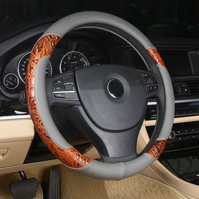 Car Steering Wheel Cover Racing Wood shavings Carving 35/36/37/38/39/40cm Leather For BMW/Honda/AUDI/Ford/Toyota/volkswagen