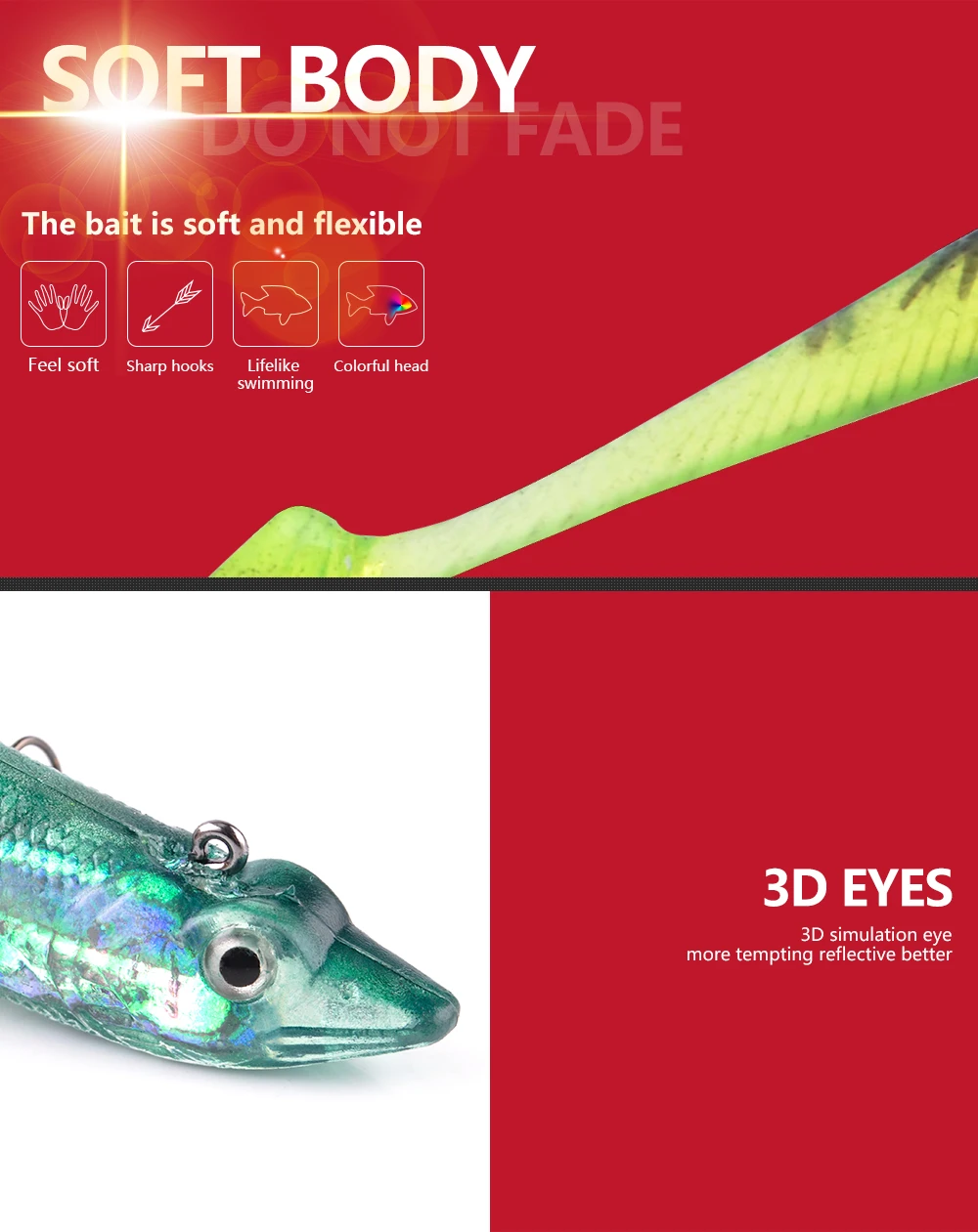 NGB 8/10/12/14CM 6 Farben Weiche 3D-Augen Angelköder mit T-Schwanz Hecht-Weichköder Dreifachhaken Köder Künstlicher Köder Jig – Detail 3