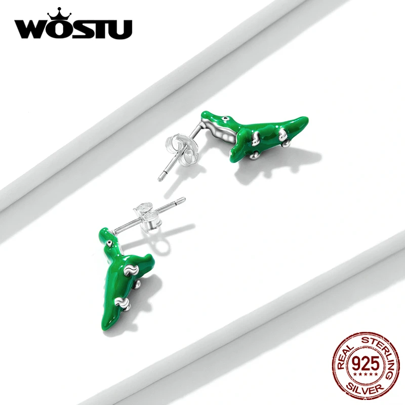 WOSTU 2021 925 Sterling Silver Funny Green Animal Crocodile Stud Earrings For Women Fashion Jewelry Gift CTE562