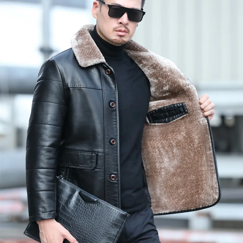 YX-838 Natural Leather Men's Autumn and Winter Sheepskin Casual Lapel Mid Length Business Leather Down Jacket Plus Size